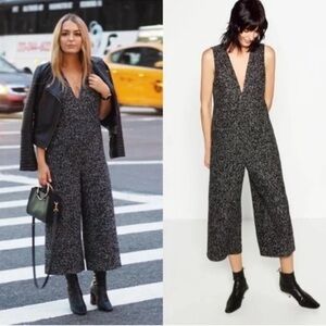 NWT ZARA Tweed Knit Sleeveless Plunge Cropped Wide Leg Jumpsuit
